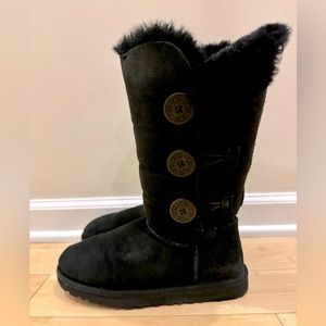 UGG Shearling Style Women Pull On Boot Sz 7 M Black Leather